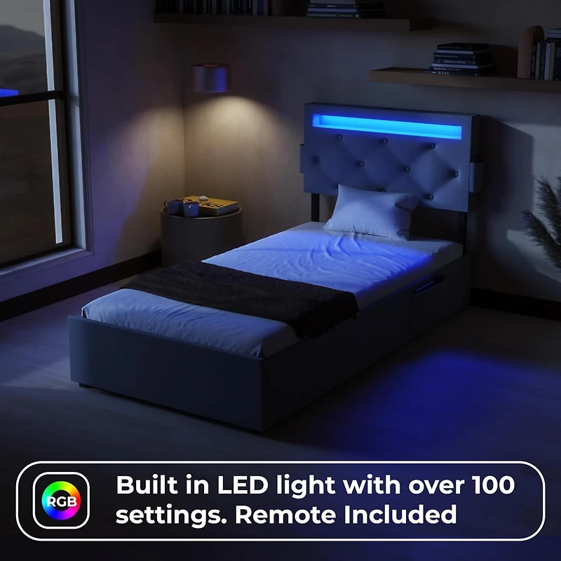 Streamdale Furniture Twin Bed Frame with Usb Charging, Led Lights, Headboard, & Storage Drawers