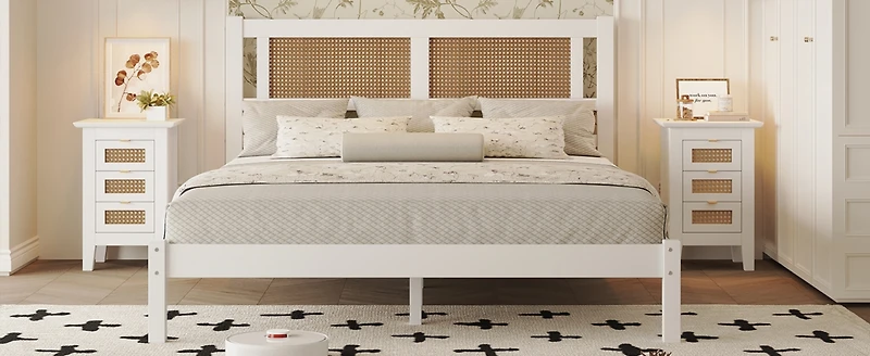 Streamdale Queen Rattan Platform Bed with White Frame