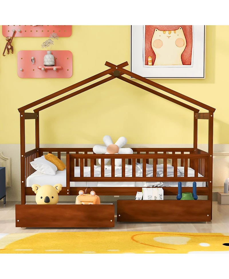 Simplie Fun Twin Size Wooden House Bed With Two Drawers, Walnut