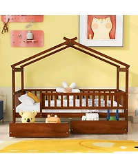 Simplie Fun Twin Size Wooden House Bed With Two Drawers, Walnut