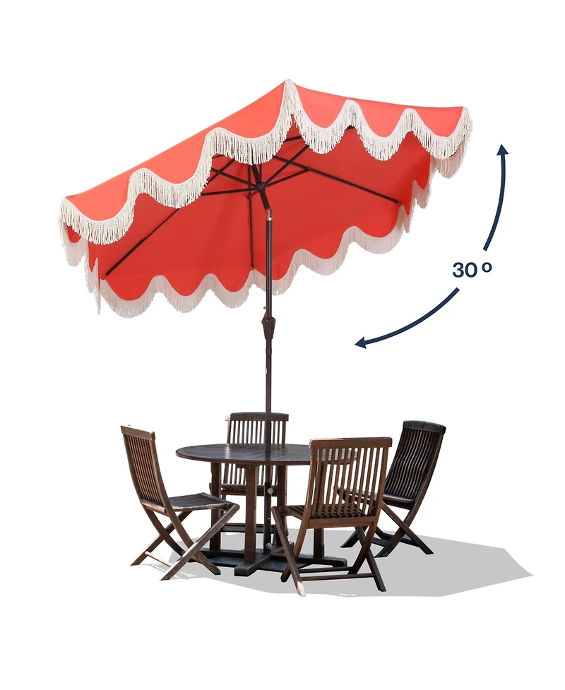 Jonathan Y 9ft Tassel Market Patio Umbrella Auto-Tilt, Crank, Wind Vent Uv Protection