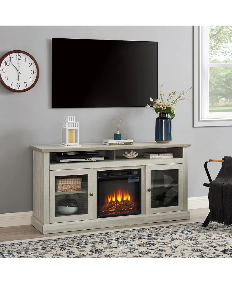 Modern Tv Stand with Fireplace Insert, Stone Gray, 60" W