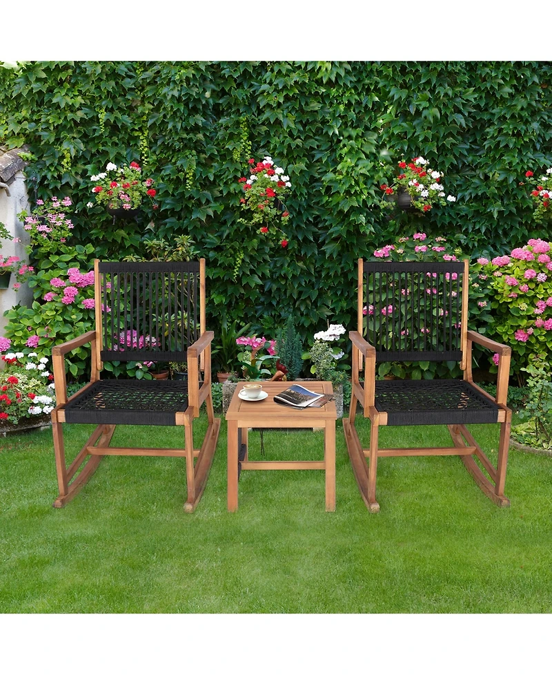 Costway 3pcs Patio Acacia Wood Bistro Table Rocking Chair Set All-Weather Rope Outdoor