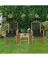 Costway 3pcs Patio Acacia Wood Bistro Table Rocking Chair Set All-Weather Rope Outdoor