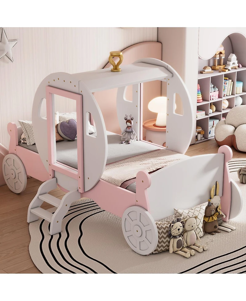 Simplie Fun Twin Size Princess Carriage Bed With Crown, Wood Platform Car Bed With Stair+Pink