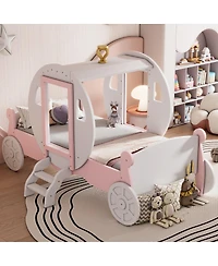 Simplie Fun Twin Size Princess Carriage Bed With Crown, Wood Platform Car Bed With Stair+Pink
