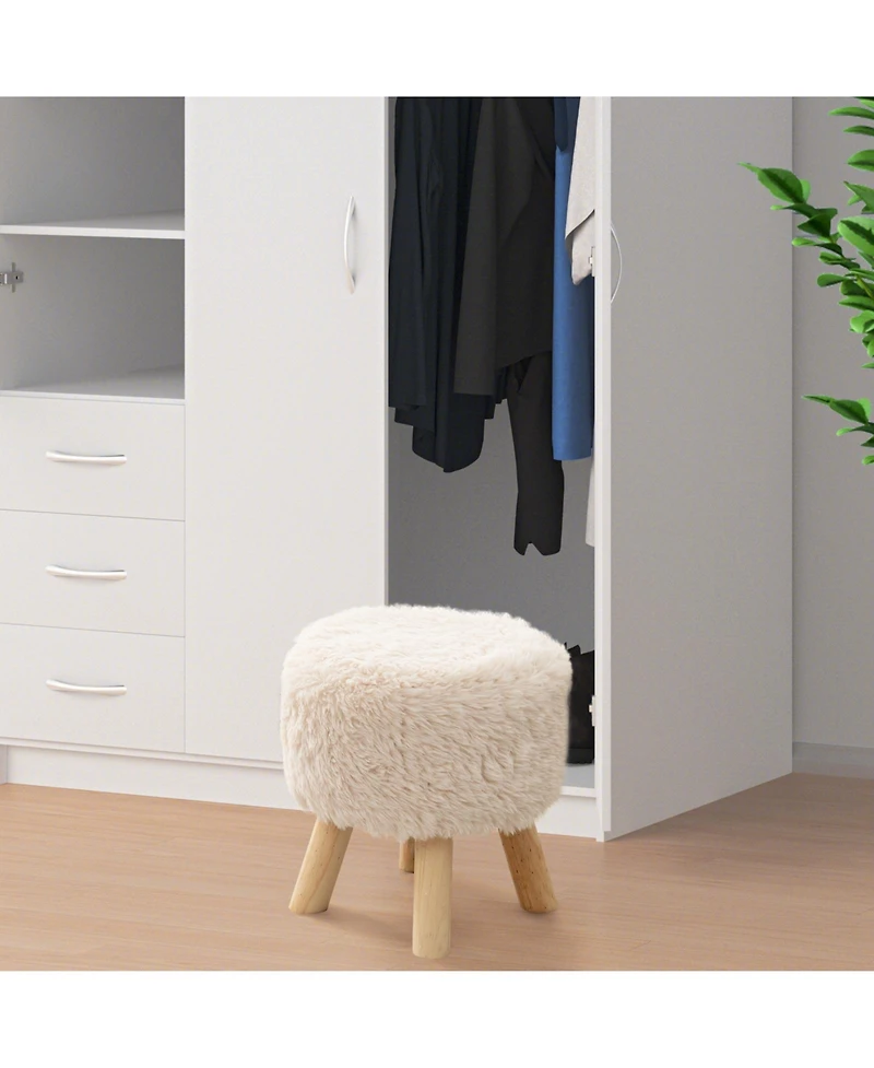 Round Footstool Ottoman Faux Fur Footrest with Padded Seat and Rubber Wood Legs