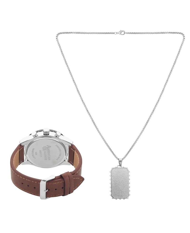 American Exchange Men's Black Polyurethane Leather Strap Analog Watch 48mm with Pendant Necklace Gift Set