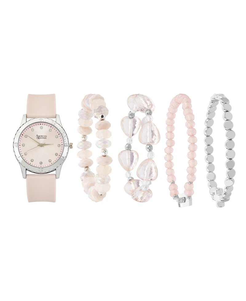 American Exchange Women's Matte Light Pink Silicone Strap Analog Watch 38mm with Stackable Bracelets Gift Set