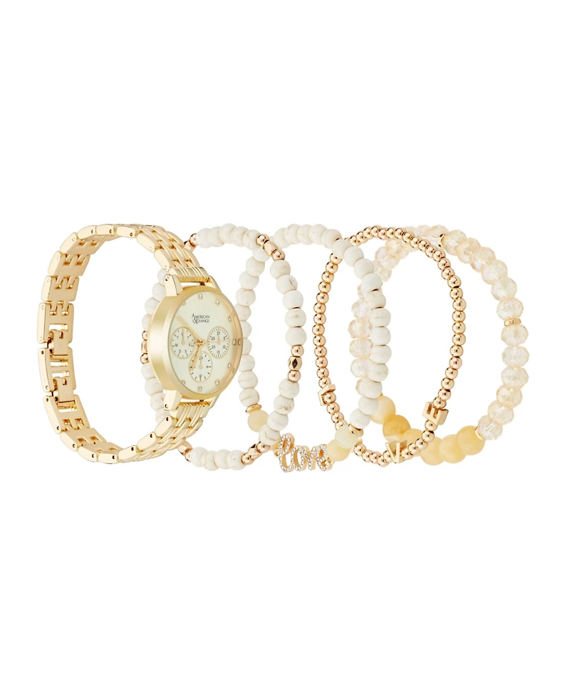 American Exchange Women's Shiny Gold Metal Alloy Band Analog Watch 31mm with Stackable Bracelets Gift Set