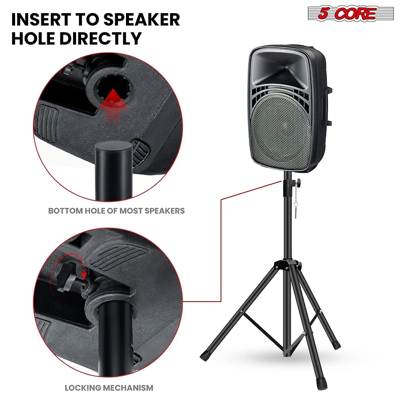 5 Core Speaker Stand Black 4 pieces Tripod Tall Adjustable Up to 72 Inch Dj Studio Monitor Stands Pole Mount