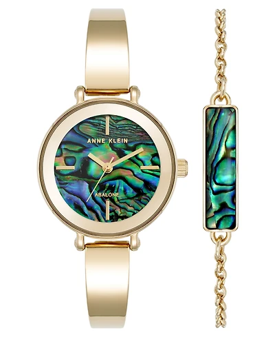 Anne Klein Women's Quartz Round Abalone Gemstone Gold-Tone Alloy Metal Bangle Watch Set, 30mm