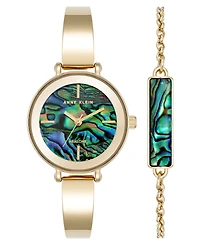 Anne Klein Women's Quartz Round Abalone Gemstone Gold-Tone Alloy Metal Bangle Watch Set, 30mm