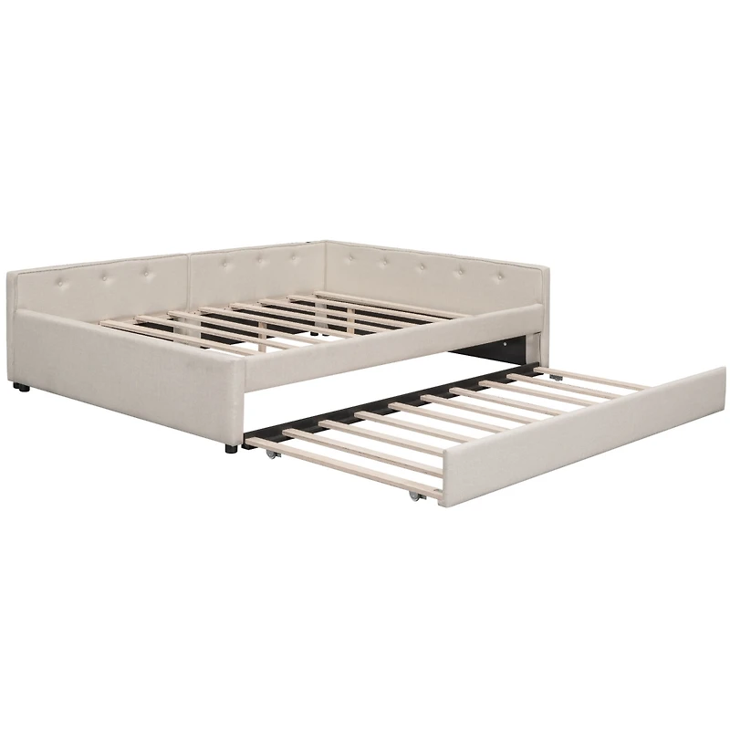 Simplie Fun Queen Size Upholstered Platform Bed With Usb And Twin Size Trundle