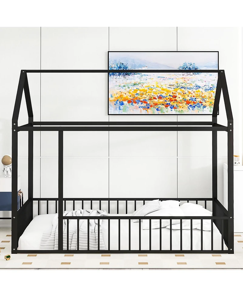 Streamdale Metal House Bed Frame with Fence for Kids