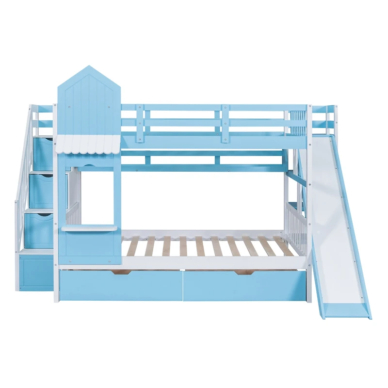 Simplie Fun Full-Over-Full Castle Style Bunk Bed with 2 Drawers 3 Shelves and Slide - White