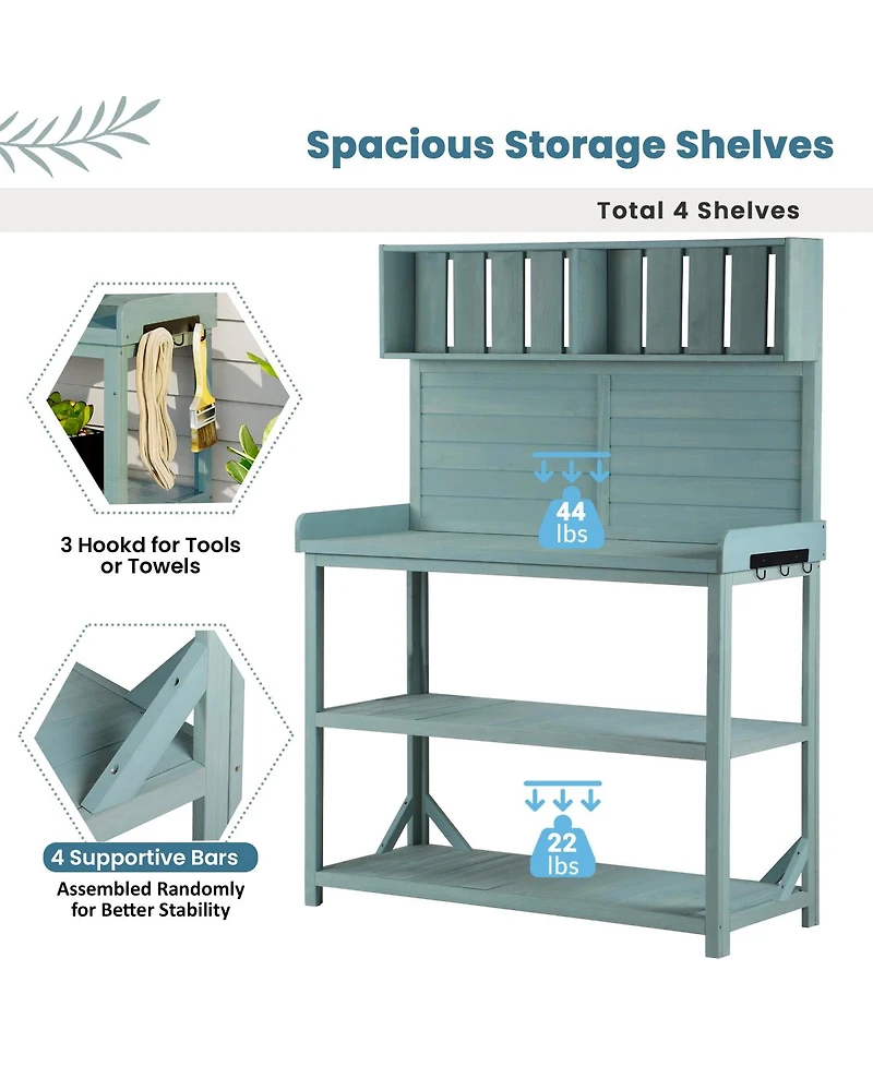 Simplie Fun Large Rustic Outdoor Potting Bench with 4 Shelves, Green