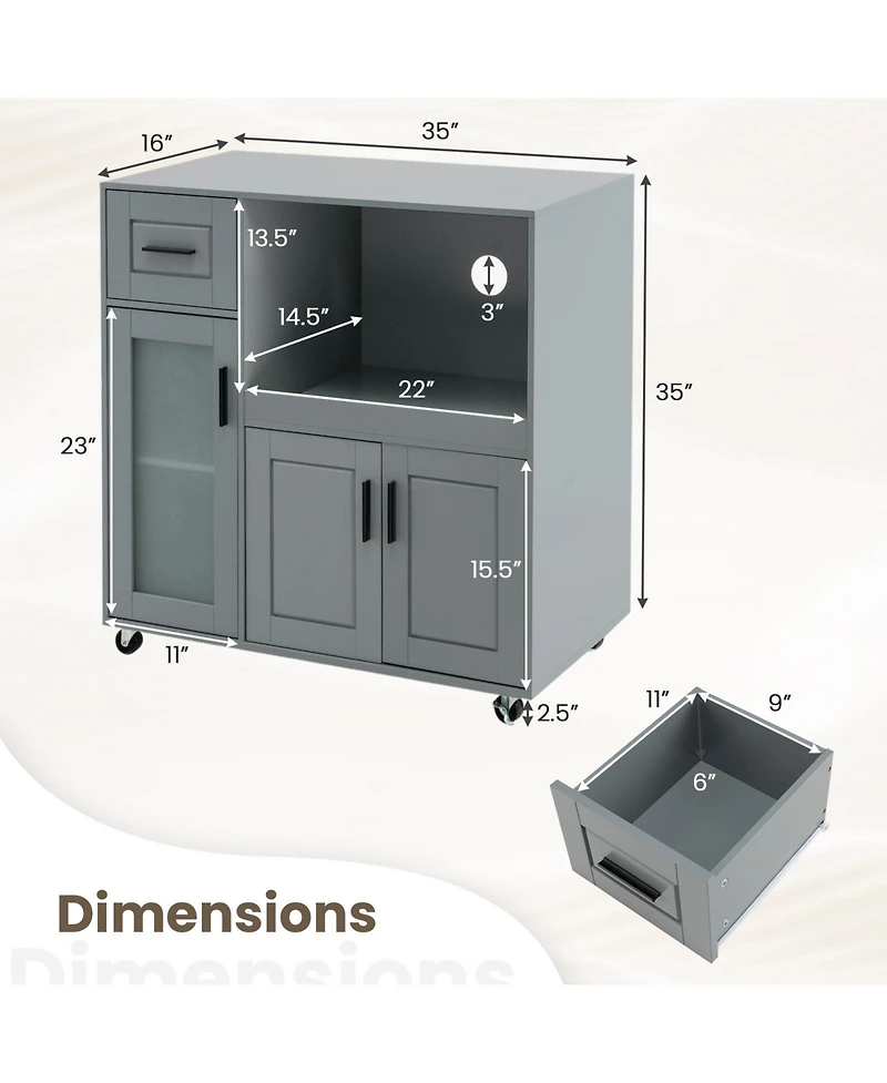 Rolling Kitchen Island with Wheels Drawer and Glass Door Cabinet