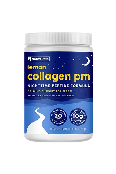 NativePath Collagen Pm - Lemon Nighttime Collagen Peptides Powder with Magnesium, Gaba, L-Theanine and Melatonin - 20 Servings