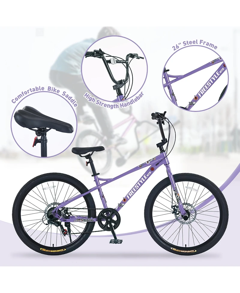 Streamdale Freestyle Mtb Bike, 26", Purple, 7-Speed Shimano, Double Disc