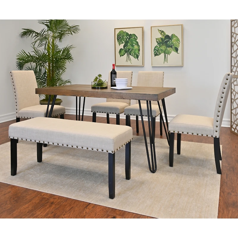 Streamdale Furniture Amisos 6-Piece Dining Set Hairpin Table, 4 Chairs, Bench, 3 Colors