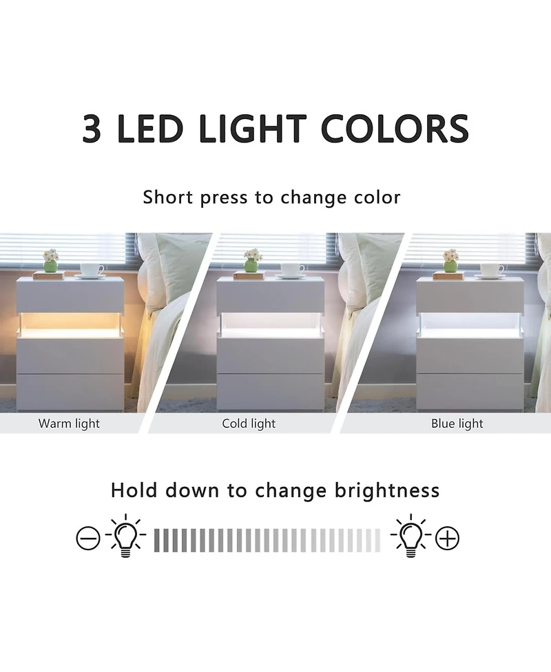 Streamdale Modern Led Nightstand with 3 Drawers and Multi-Color Rgb Lighting