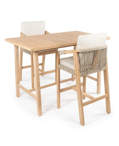 Porto Modern Coastal 3-Piece Acacia Wood Outdoor Square Bar Table Set with Cushions
