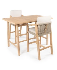 Porto Modern Coastal 3-Piece Acacia Wood Outdoor Square Bar Table Set with Cushions