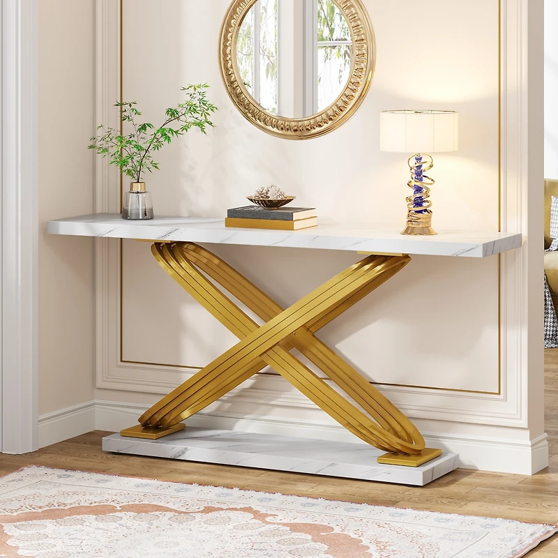 Tribesigns 55 Inch Modern Console Table, Faux Marble Gold Entryway Table Behind Sofa Couch, Narrow Rectangular Sofa Table for Living Room, Bedroom, Fr