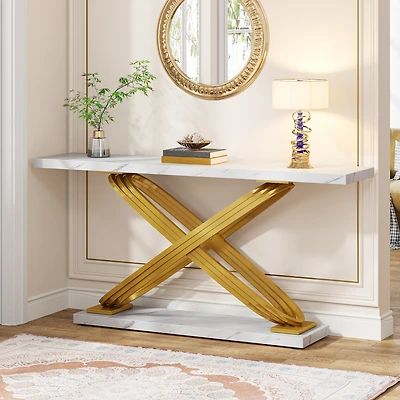 Tribesigns 55 Inch Modern Console Table, Faux Marble Gold Entryway Table Behind Sofa Couch, Narrow Rectangular Sofa Table for Living Room, Bedroom, Fr