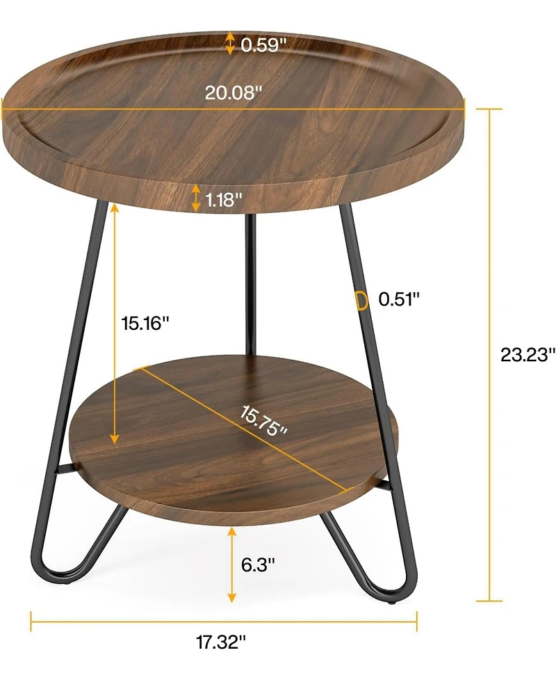Tribesigns Round Side Table, 2-Tier End Table with Metal Legs, Modern Industrial Beside Table, Small Accent Table Snack Table for Living Room, Bedroom