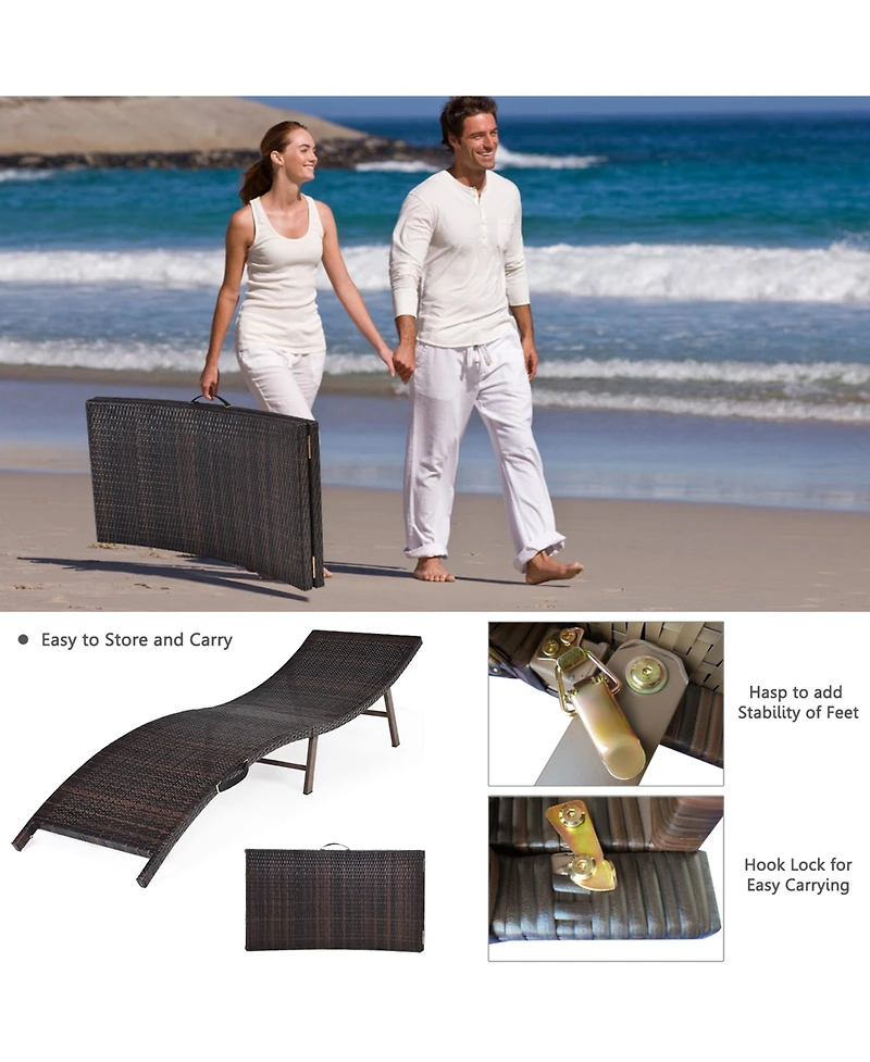 Gymax Set of 2 Folding Wicker Chaise Portable Lounge Chair w/ Double Sided Cushion