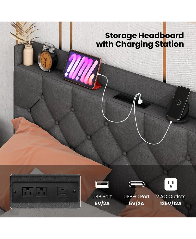 Floating Bed Frame with Led and Headboard and Charging Station