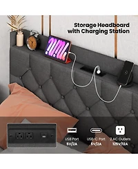 Floating Bed Frame with Led and Headboard and Charging Station