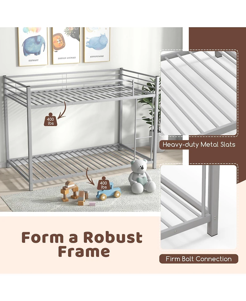 Sugift Low Profile Twin Over Metal Bunk Bed with Full-length Guardrails