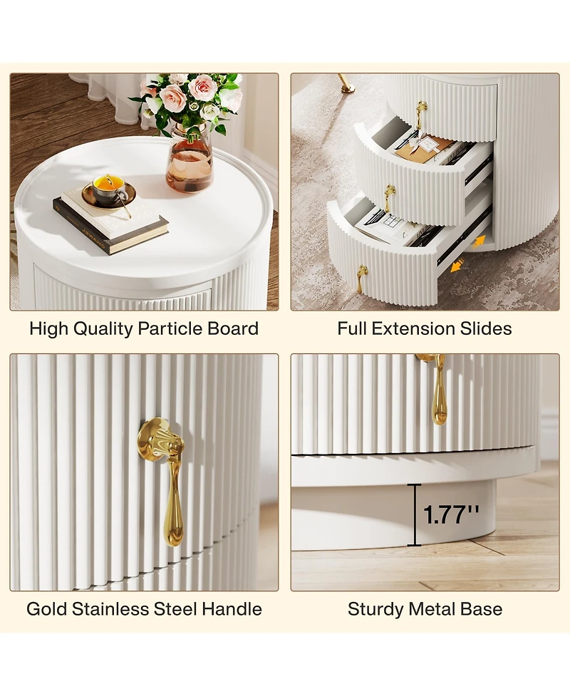 Tribesigns Nightstand with 3 Drawers, No Assembly Bedside Table Night Stand, Modern Round End Side Table with Storage and Gold Handles, White