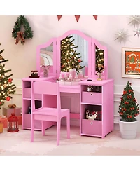 Costway Kids Vanity Table & Chair Set 2-in-1 Princess Pretend Play Makeup