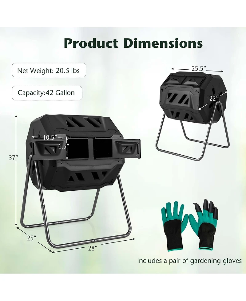 Costway 42-Gal Compost Bin Dual Chamber Composting Tumbler with 2 Sliding Doors Metal Frame