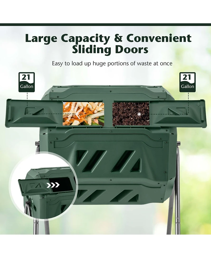 Costway 42-Gal Compost Bin Dual Chamber Composting Tumbler with 2 Sliding Doors Metal Frame