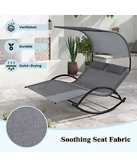 Costway Outdoor Dual Rocker Sunbed 2-Person Canopied Lounger with 2 Detachable Headrests