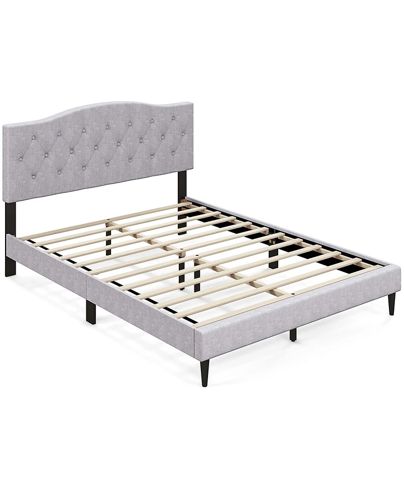 Queen Size Upholstered Platform Bed Linen Bed Frame with Button Tufted Headboard