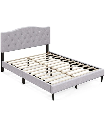 Queen Size Upholstered Platform Bed Linen Bed Frame with Button Tufted Headboard