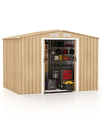 Costway 8 × 6 Ft Outdoor Storage Shed Galvanized Steel Shed with Base Floor Wood Grain