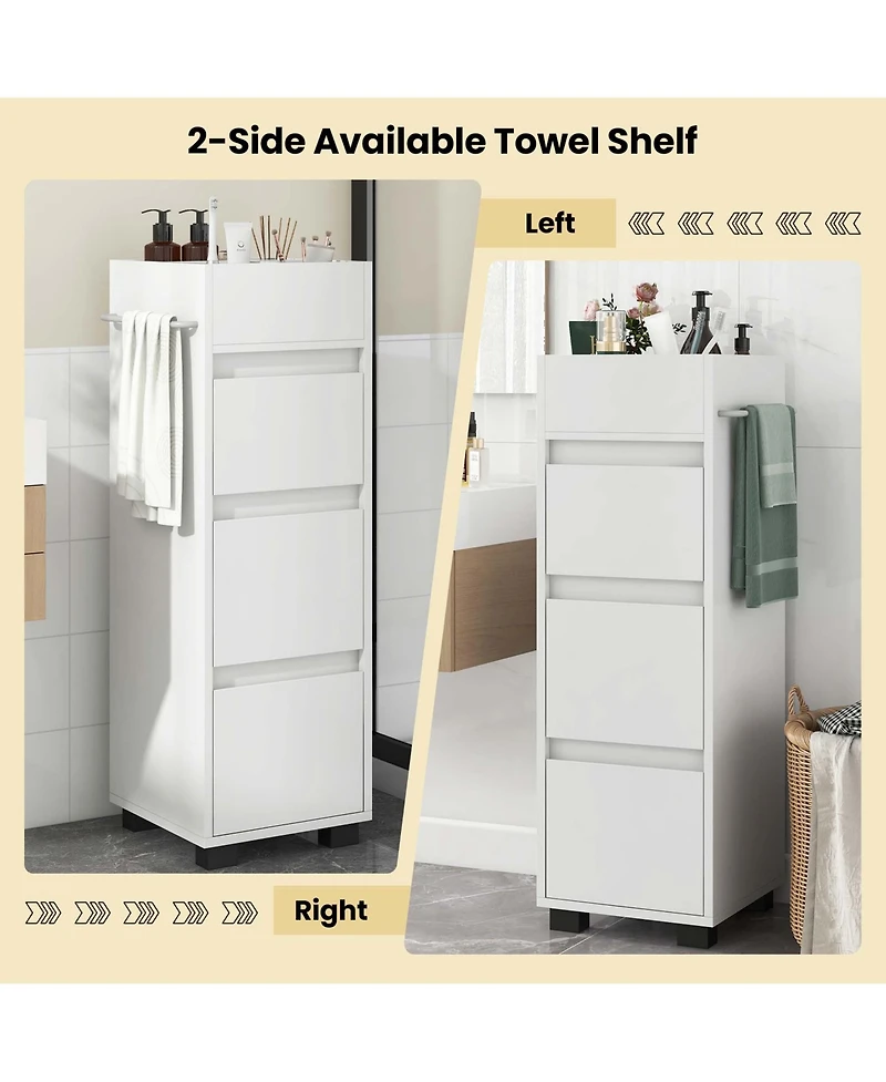 Bathroom Floor Cabinet with 3 Drawers 4 Compartments 2-Side Available Towel Shelf