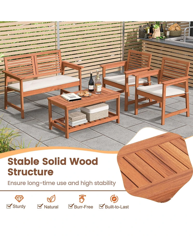 4 Pcs Patio Conversation Set with Soft Seat Cushions 2-Tier Rectangle Coffee Table
