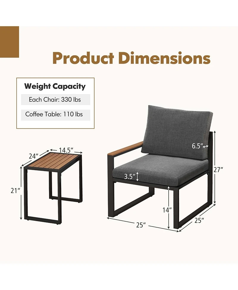 Costway 3 Pcs Patio Furniture Set with Soft Cushions Aluminum Frame Weatherproof Outdoor