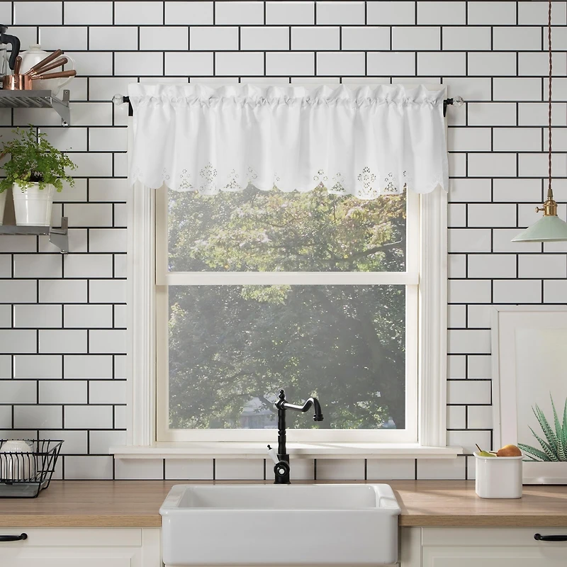 Mariela Floral Trim Semi-Sheer Rod Pocket Kitchen Curtain Valance and Tiers Set