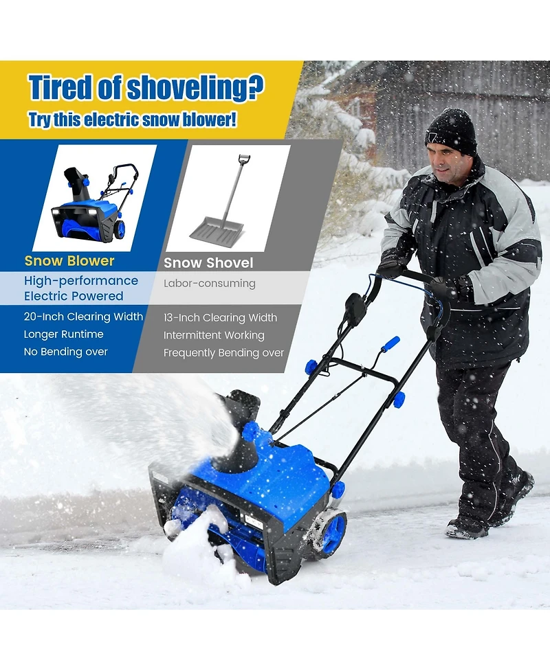 20" Electric Snow Thrower 120V 15Amp Snow Blower w/180° Rotatable Chute 2 Lights