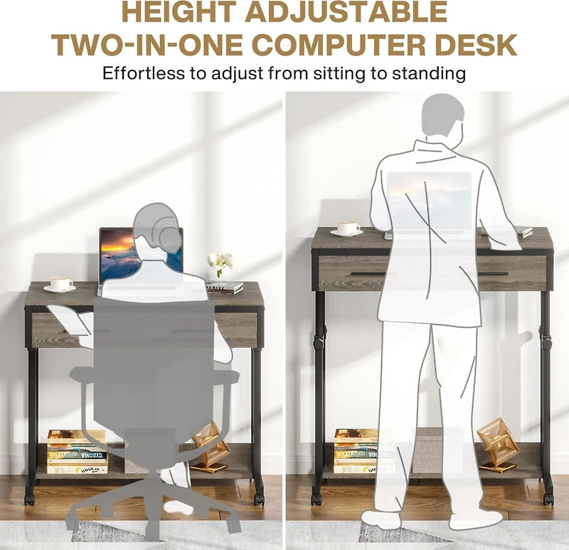 Tribesigns Portable Desk with Drawers, Mobile Laptop Desk with Wheels, Couch Desk Sofa Side Table Bed Desk, Small Standing Desk for Home Office
