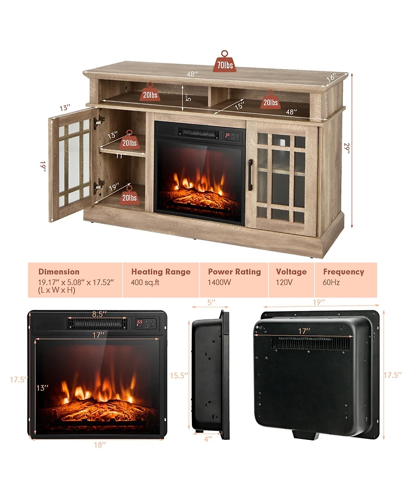 Gymax 48'' Tv Stand Console Cabinet w/ Fireplace Entertainment Center For Living Room Natural